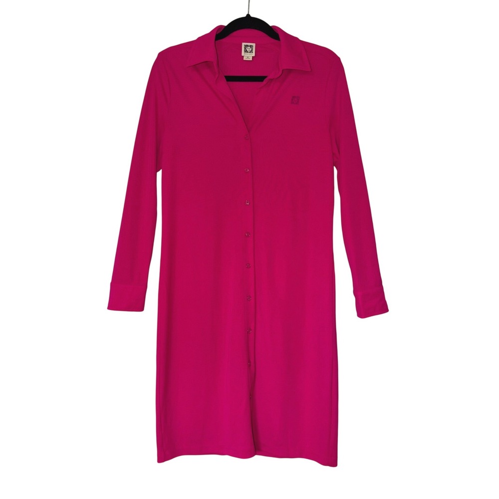 Anne Klein Fuchsia Pink Button Down Long Sleeve Knit Shirt Dress Womens Medium